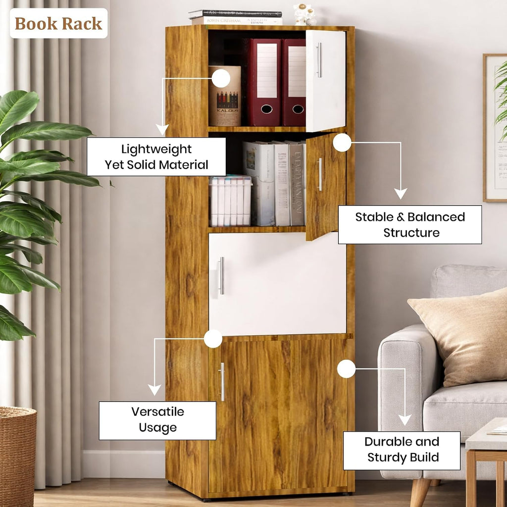 Callas Wooden Book Rack | Multi-Compartment Storage Cabinet | Space-Saving Vertical Bookshelf with Doors | Durable for Home & Office
