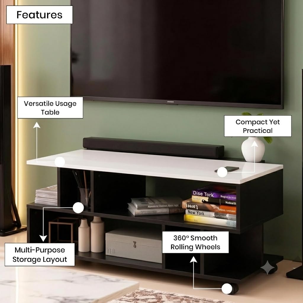 Callas Dune TV Stand with Wheel Open Storage Shelves, Engineered Wood Entertainment Unit for Living Room, White & Black, 101 x 40.5 x 41 cm, Model TV-09