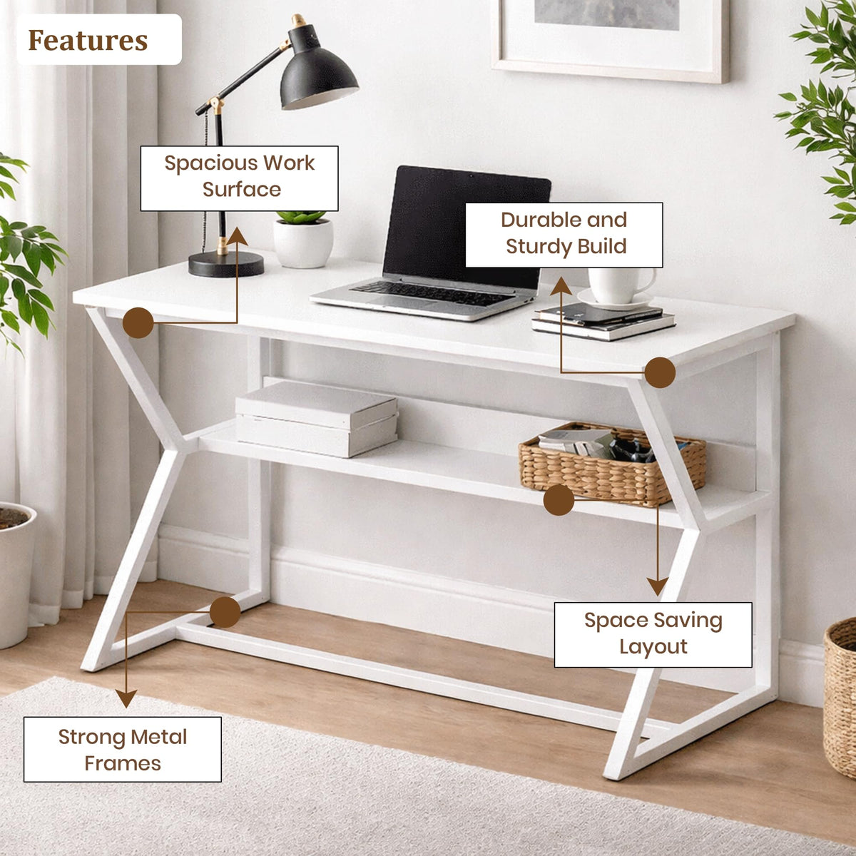 Callas DeskLite ST-31 Engineered Wood Study Table with Open Storage Shelf and Space-Saving Metal Frame for Home Office, Bedroom and Living Room, 120L x 59W x 75H cm - White