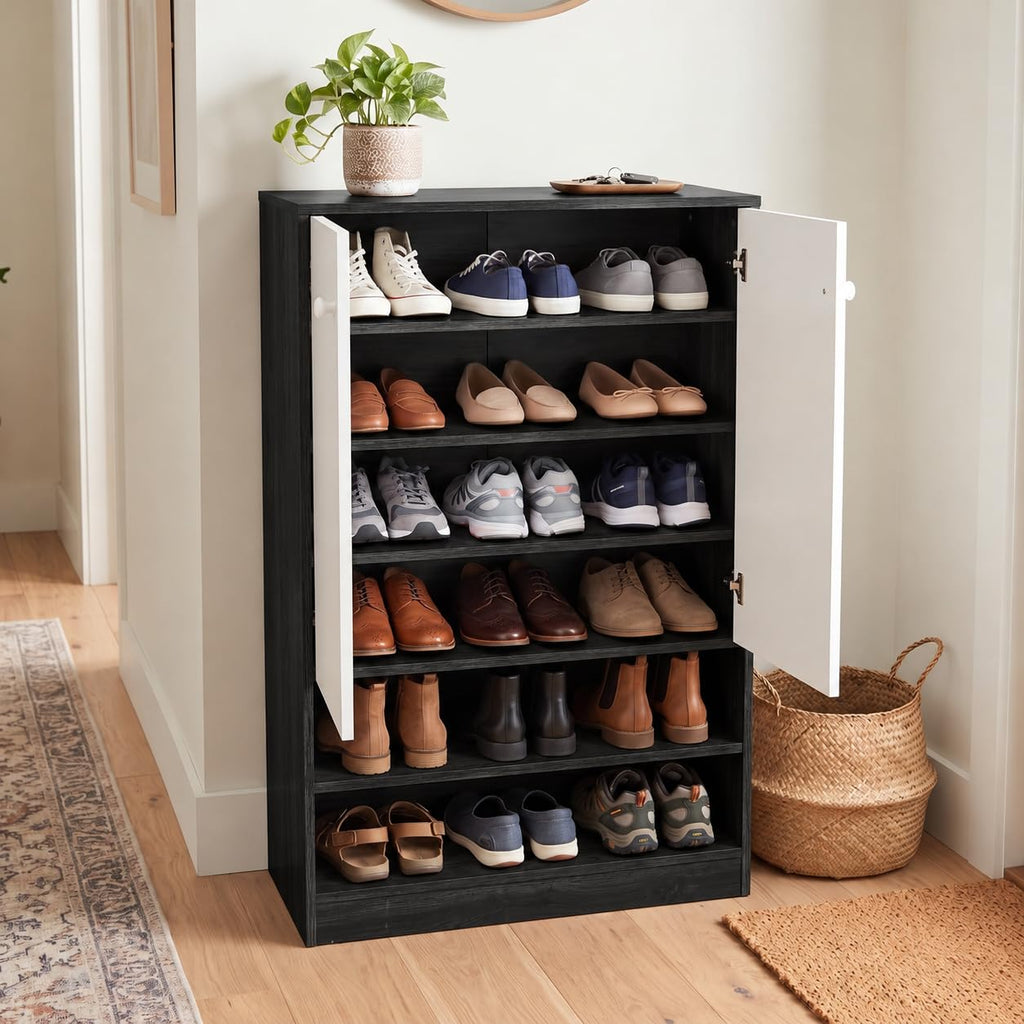 Callas Wooden Shoe Rack Cabinet with 2 Doors, Open Shelves with 18 Pair Space| Walnut Brown and White