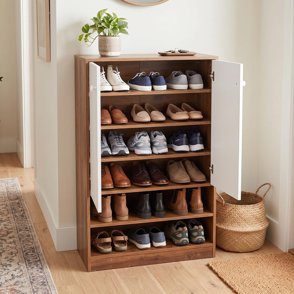 Callas Wooden Shoe Rack Cabinet with 2 Doors, Open Shelves with 18 Pair Space | Walnut Brown and White