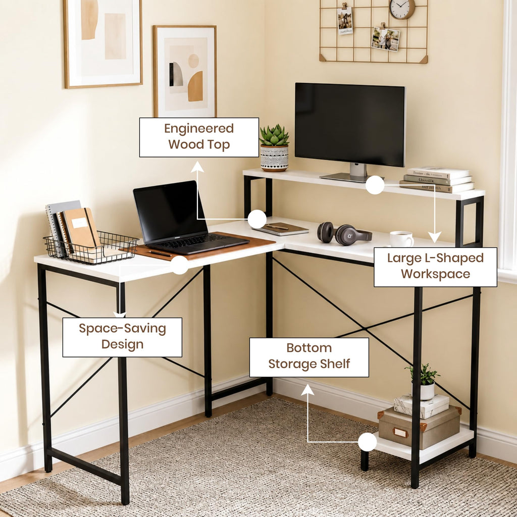 Callas Corvus L-Shaped Study Table with Storage Shelf, Engineered Wood Corner Computer Desk for Home Office with 1 Year Warranty, 110 x 124 x 94.5 - White