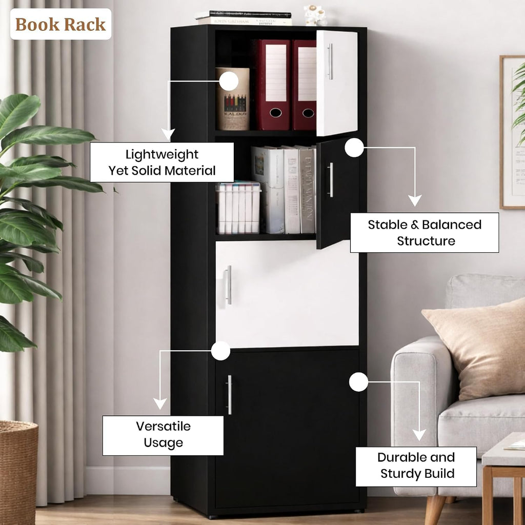 Callas Wooden Book Rack | Multi-Compartment Storage Cabinet | Space-Saving Vertical Bookshelf with Doors | Durable & Sturdy Organizer for Home & Office