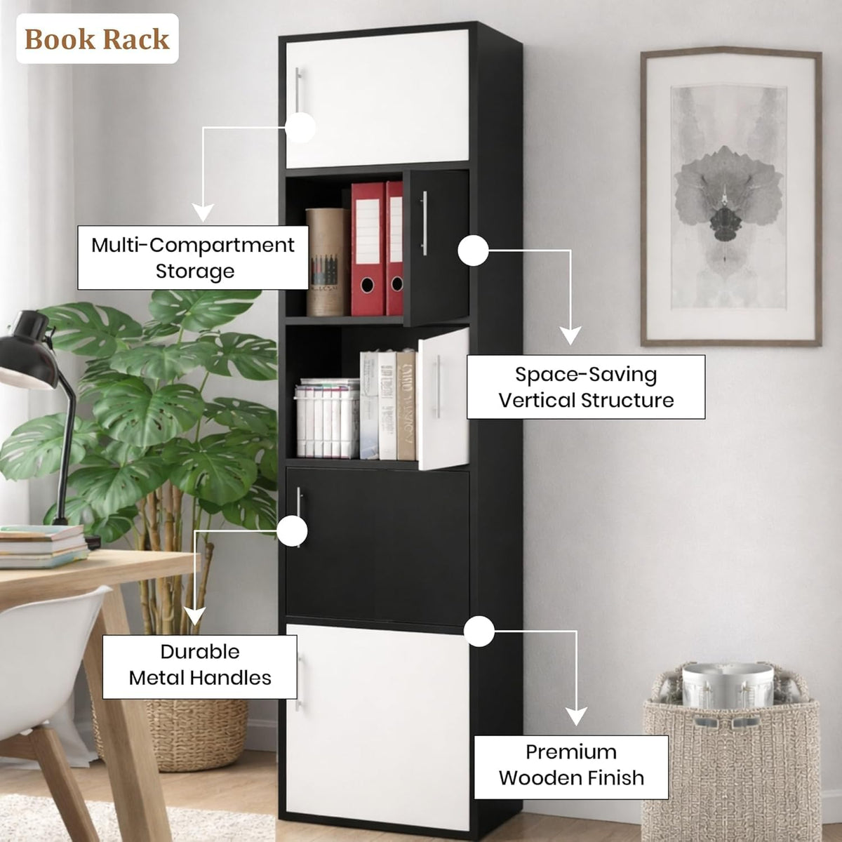 Callas Wooden Book Rack | Multi-Compartment Storage Cabinet | Space-Saving Vertical Bookshelf with Doors | Durable & Sturdy Organizer for Home & Office