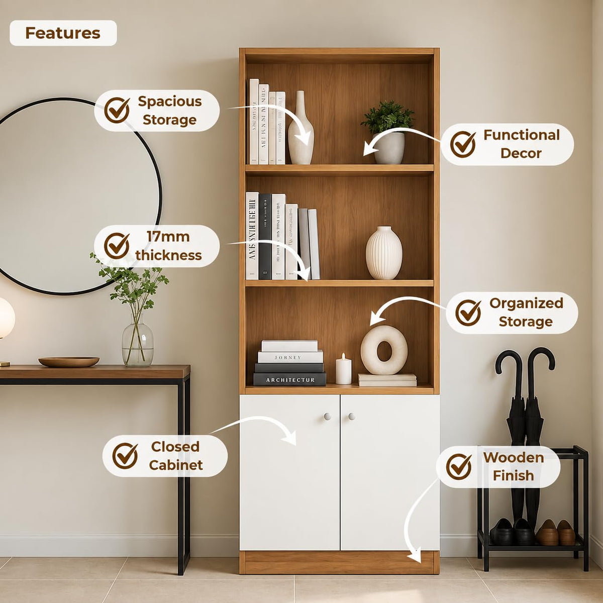 Callas BR-22 Wooden Bookshelf with Display Unit Cabinet | Engineered Wood Bookcase for Living Room, Bedroom, Office | 1 Year Warranty with Free Installation