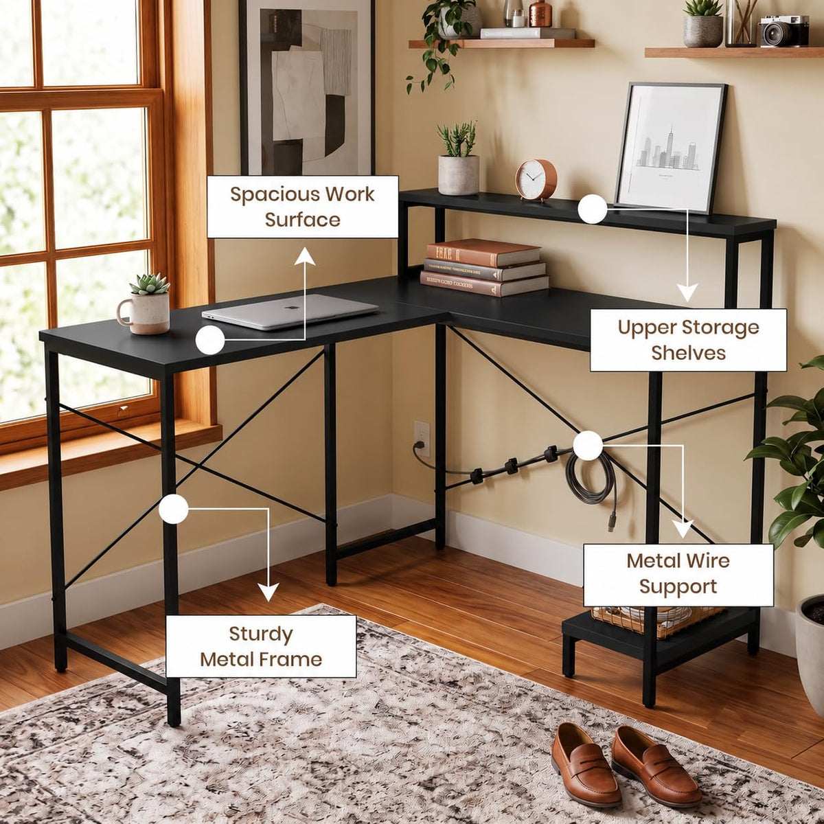 Callas Corvus L-Shaped Study Table with Storage Shelf, Engineered Wood Corner Computer Desk for Home Office with 1 Year Warranty, 110 x 124 x 94.5 - Black