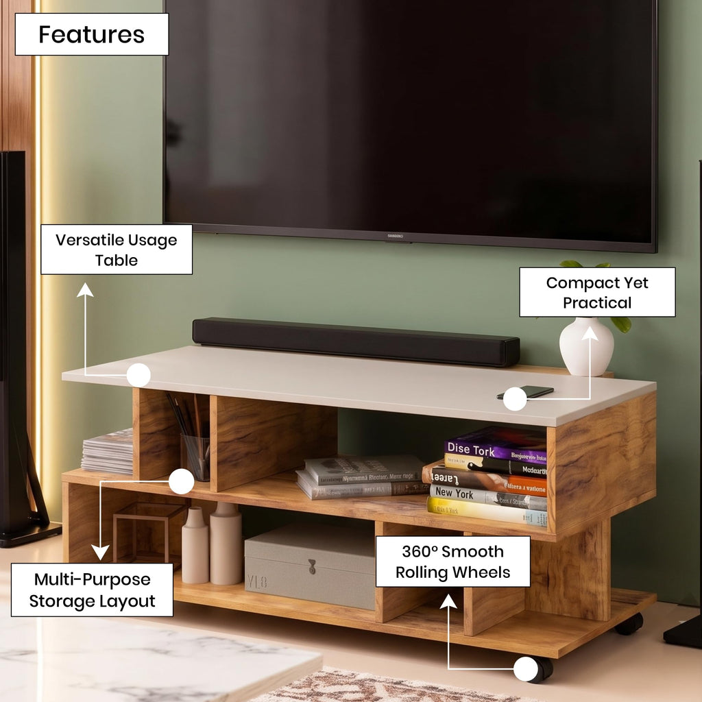 Callas Dune TV Stand with Wheel Open Storage Shelves, Engineered Wood Entertainment Unit for Living Room, White & Walnut, 101 x 40.5 x 41 cm, Model TV-09