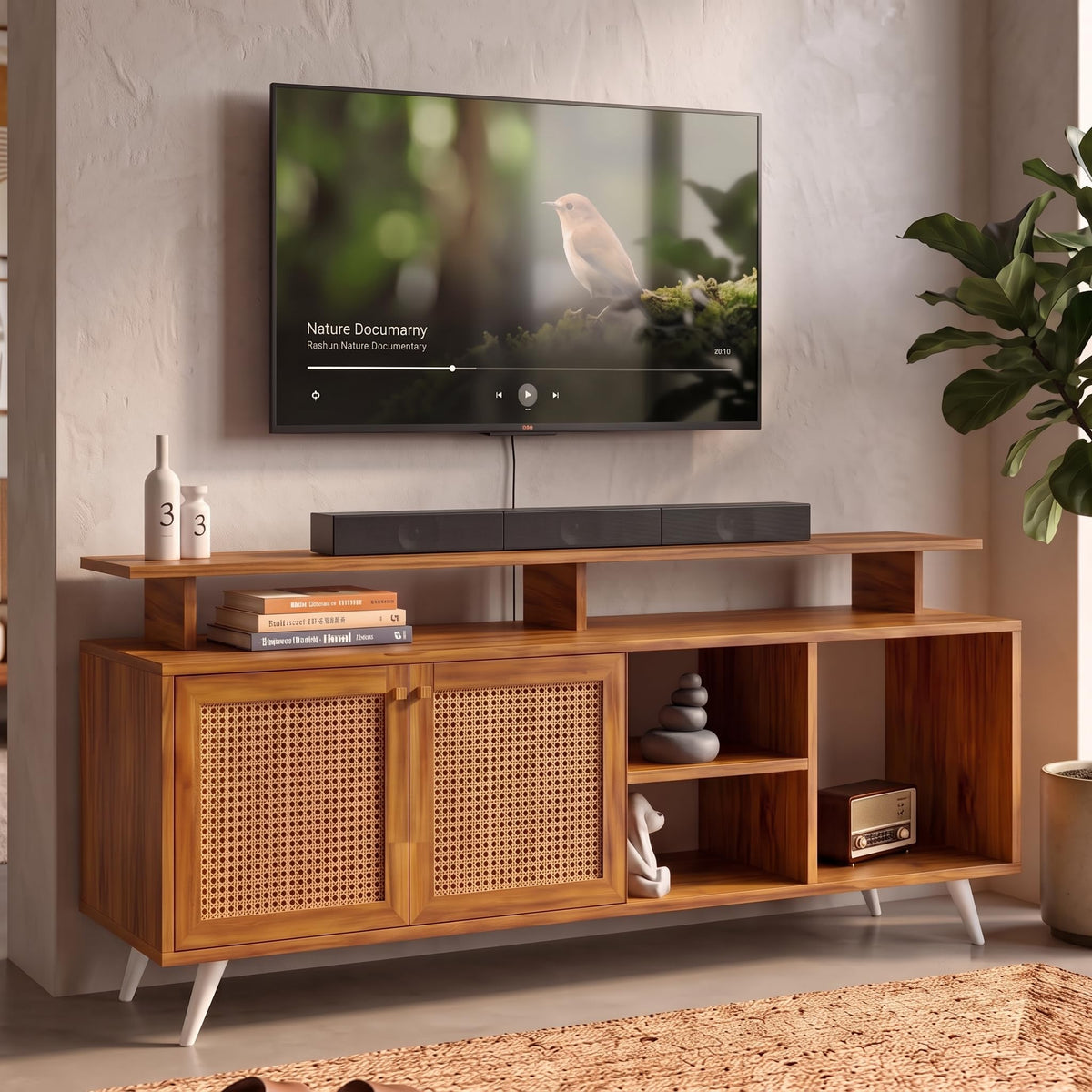 Callas TV Stand Rattan Door - Engineered Wood TV Showcase with Foot Pad Entertainment Console Shelf Storage for Set Top Box, Decor, Books for Living Room TV Unit Walnut