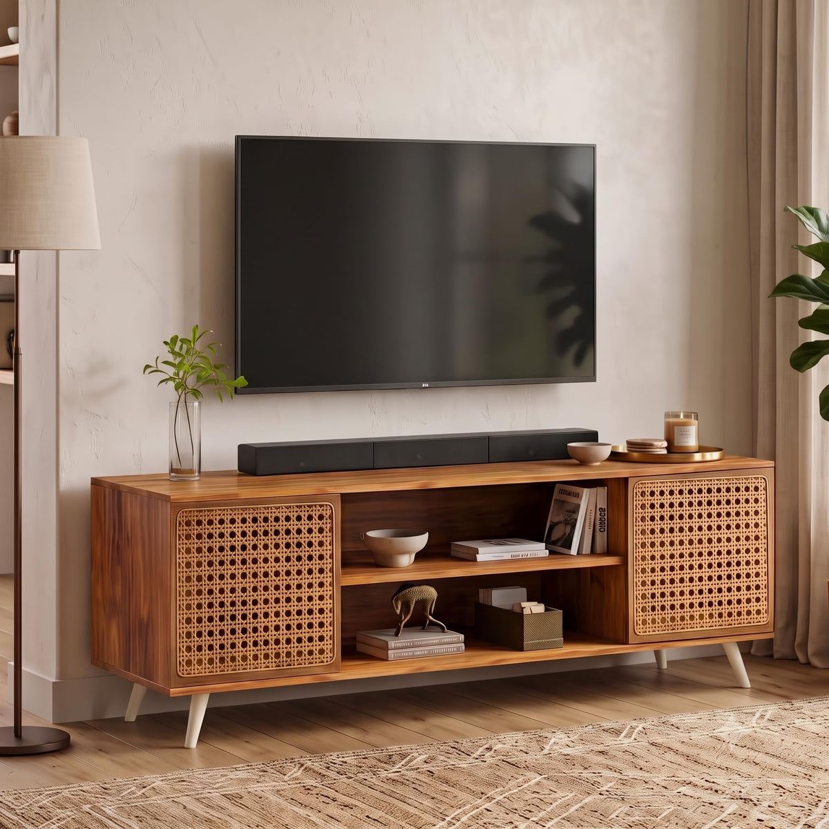 Callas TV Stand Rattan Door - Engineered Wood TV Showcase with Foot Pad Entertainment Console Shelf Storage for Set Top Box, Decor