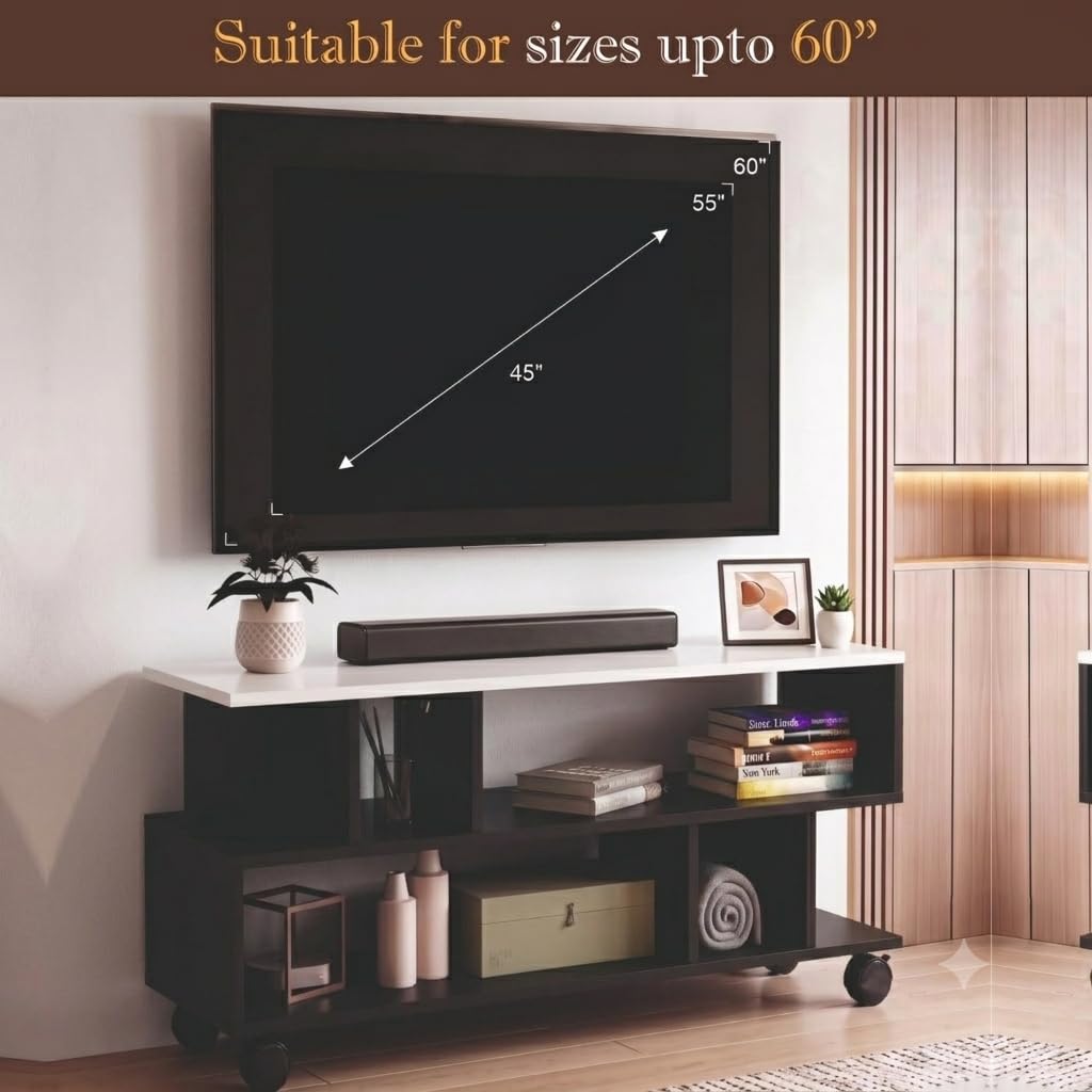 Callas Dune TV Stand with Wheel Open Storage Shelves, Engineered Wood Entertainment Unit for Living Room, White & Black, 101 x 40.5 x 41 cm, Model TV-09