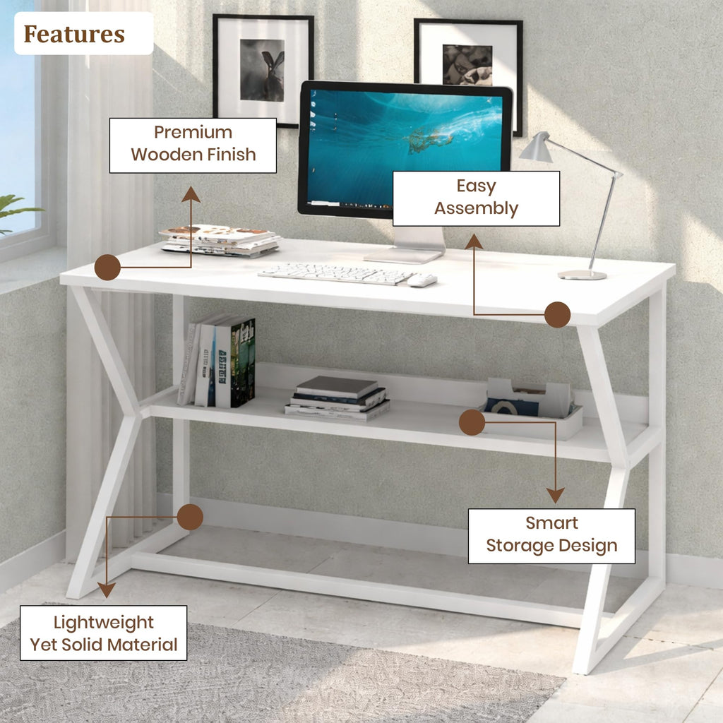 Callas DeskLite ST-31 Engineered Wood Study Table with Open Storage Shelf and Space-Saving Metal Frame for Home Office, Bedroom and Living Room, 120L x 59W x 75H cm - White