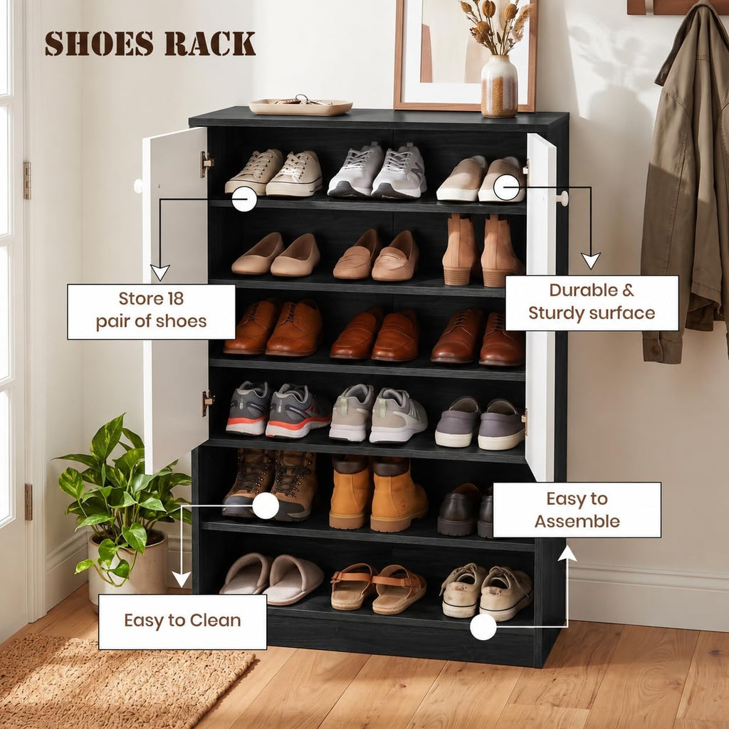 Callas Wooden Shoe Rack Cabinet with 2 Doors, Open Shelves with 18 Pair Space| Walnut Brown and White
