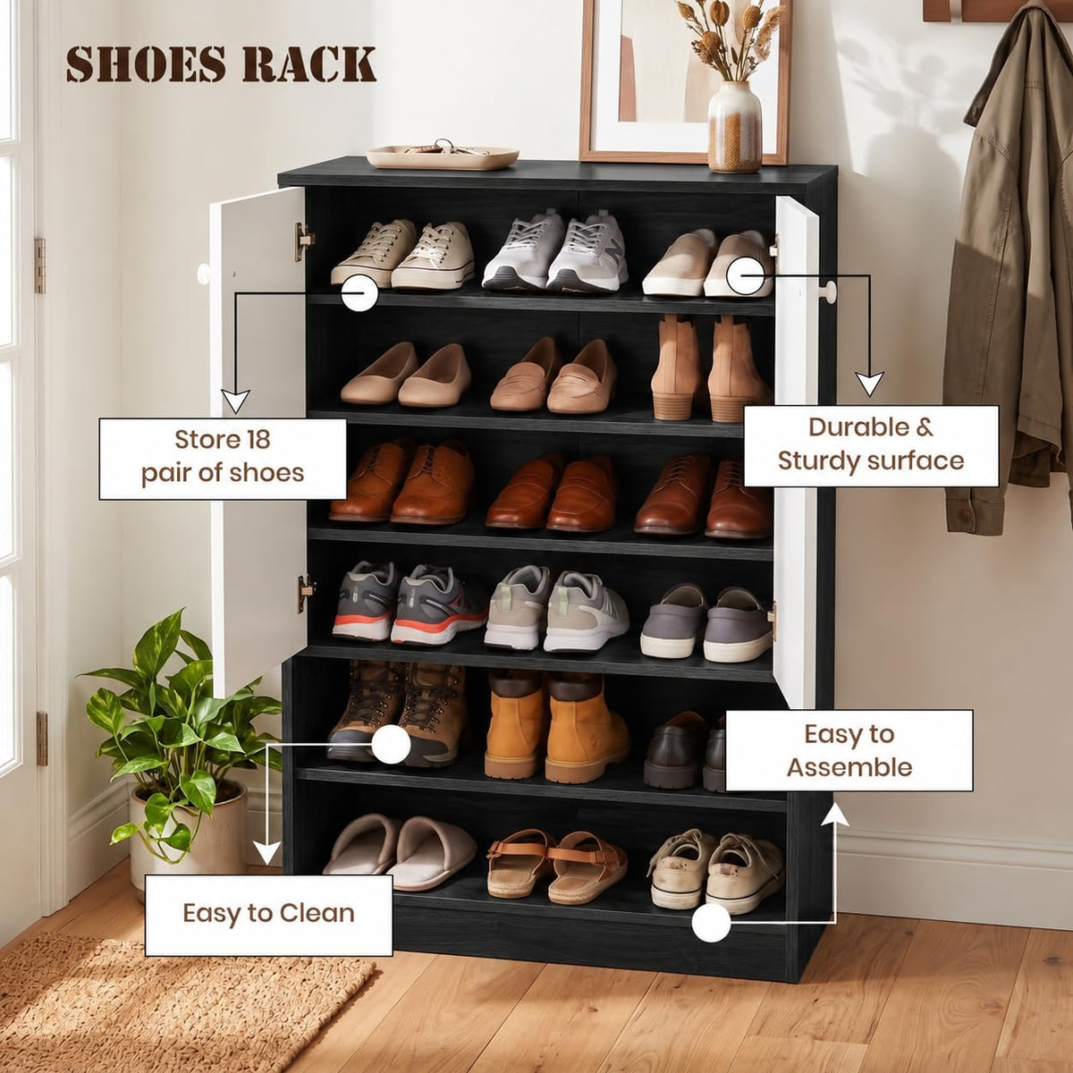 Callas Wooden Shoe Rack Cabinet with 2 Doors, Open Shelves with 18 Pair Space| Walnut Brown and White