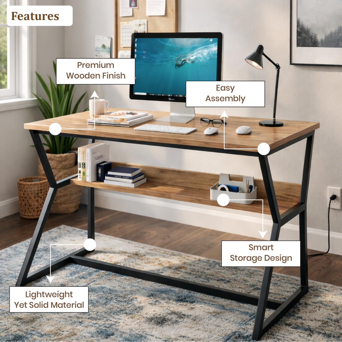 Callas DeskLite ST-31 Engineered Wood Study Table with Open Storage Shelf and Space-Saving Metal Frame for Home Office, Bedroom and Living Room, 120L x 59W x 75H cm - Walnut