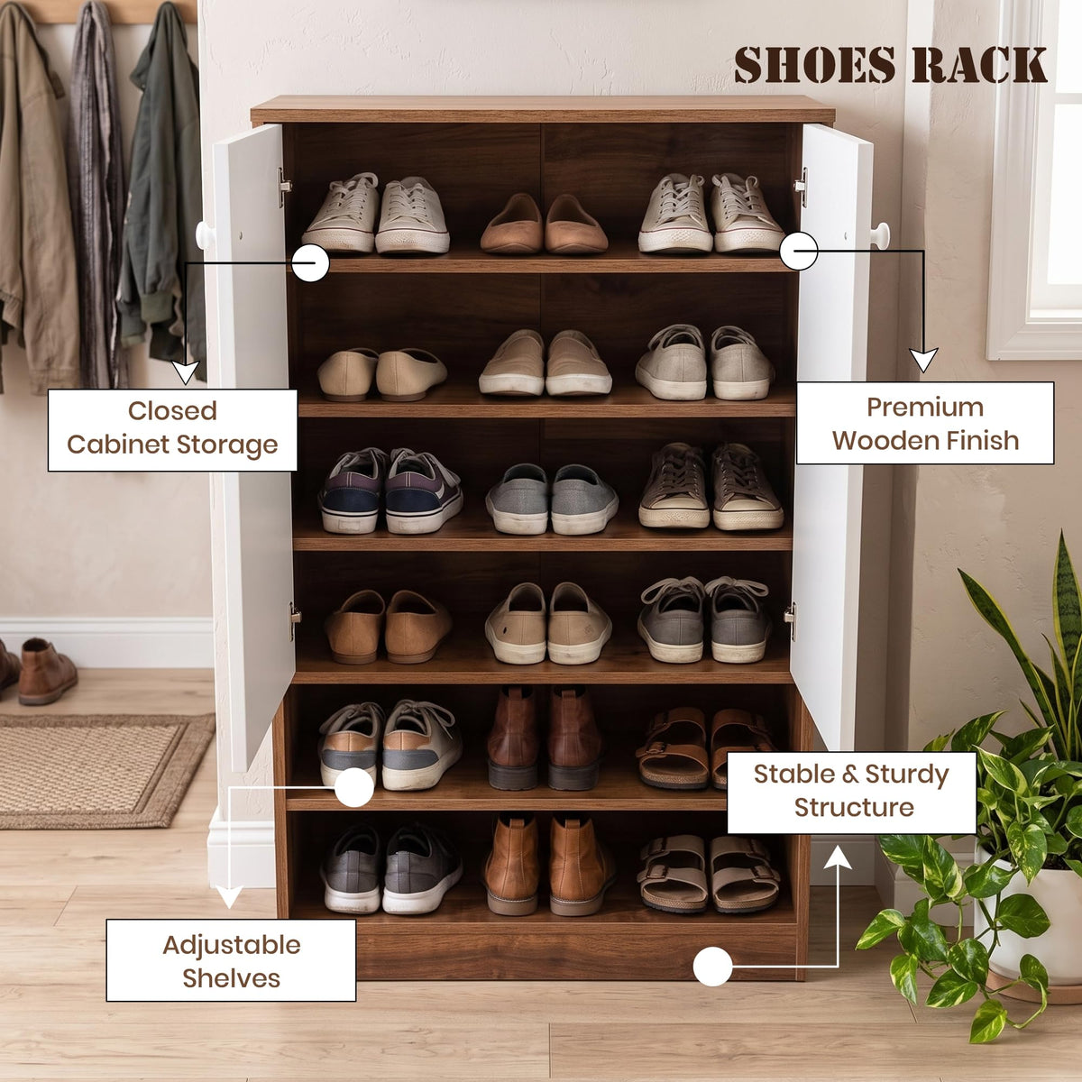 Callas Wooden Shoe Rack Cabinet with 2 Doors, Open Shelves with 18 Pair Space | Walnut Brown and White