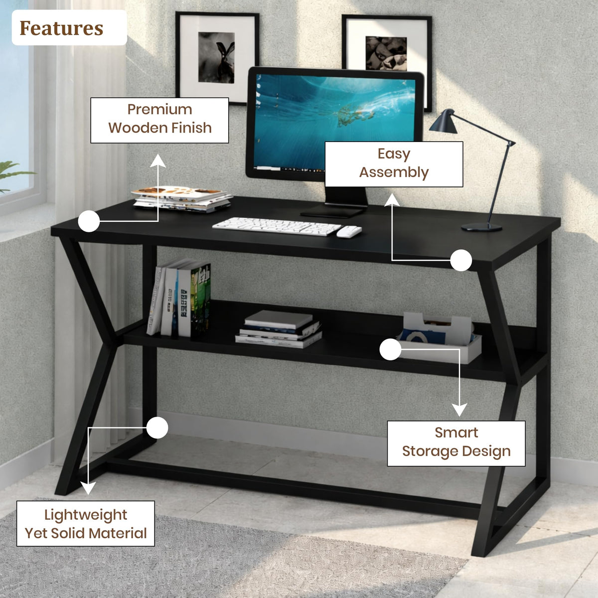 Callas DeskNest ST-30 Engineered Wood Study Table with Open Storage Shelf and Space-Saving Metal Frame for Home Office, Bedroom and Living Room, 120L x 59W x 75H cm - Black