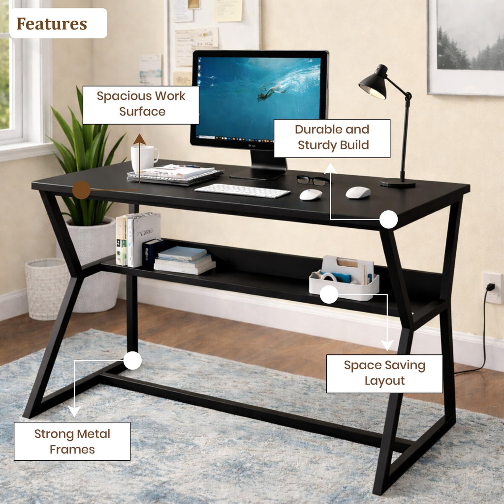 Callas DeskLite ST-31 Engineered Wood Study Table with Open Storage Shelf and Space-Saving Metal Frame for Home Office, Bedroom and Living Room, 120L x 59W x 75H cm - Black
