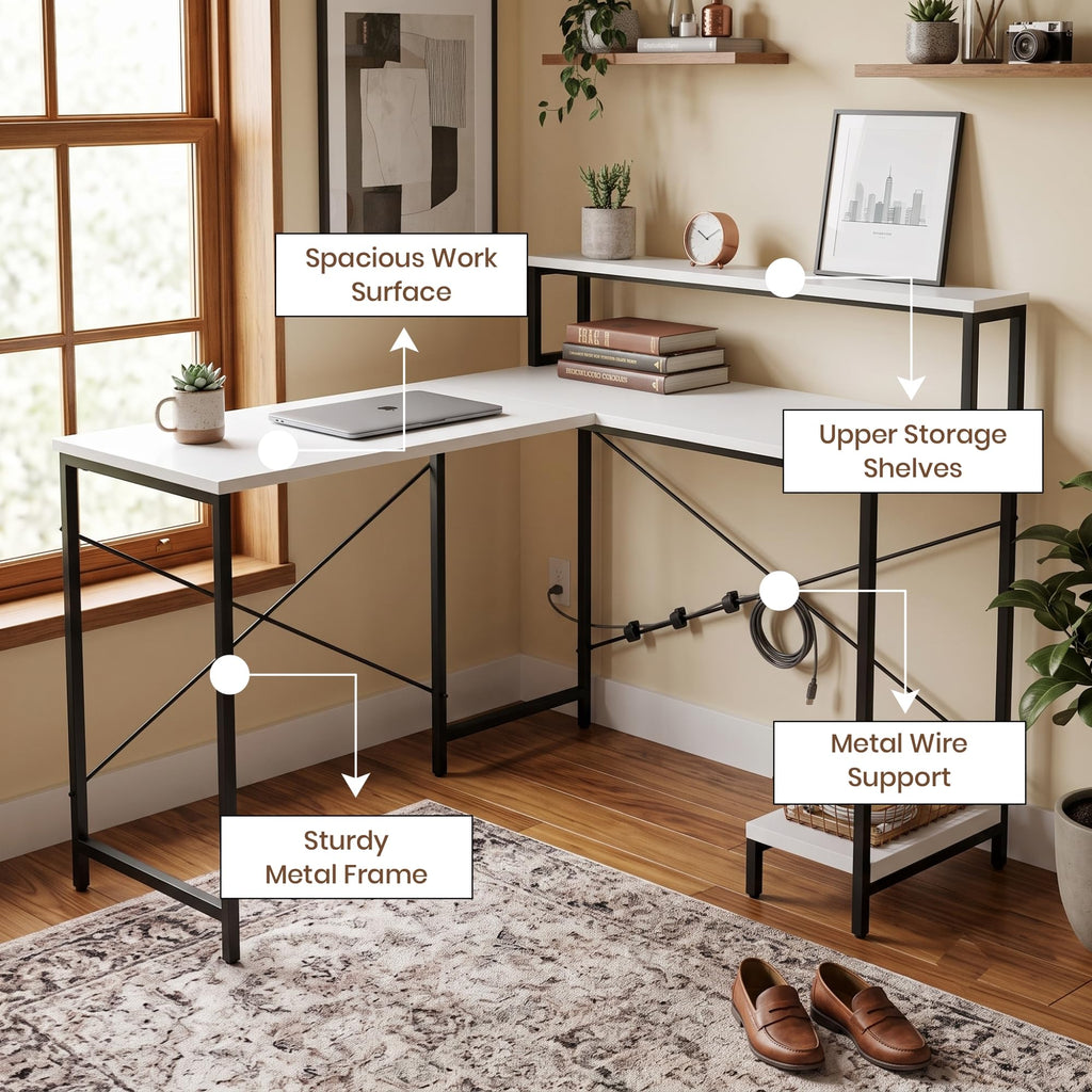 Callas Corvus L-Shaped Study Table with Storage Shelf, Engineered Wood Corner Computer Desk for Home Office with 1 Year Warranty, 110 x 124 x 94.5 - White