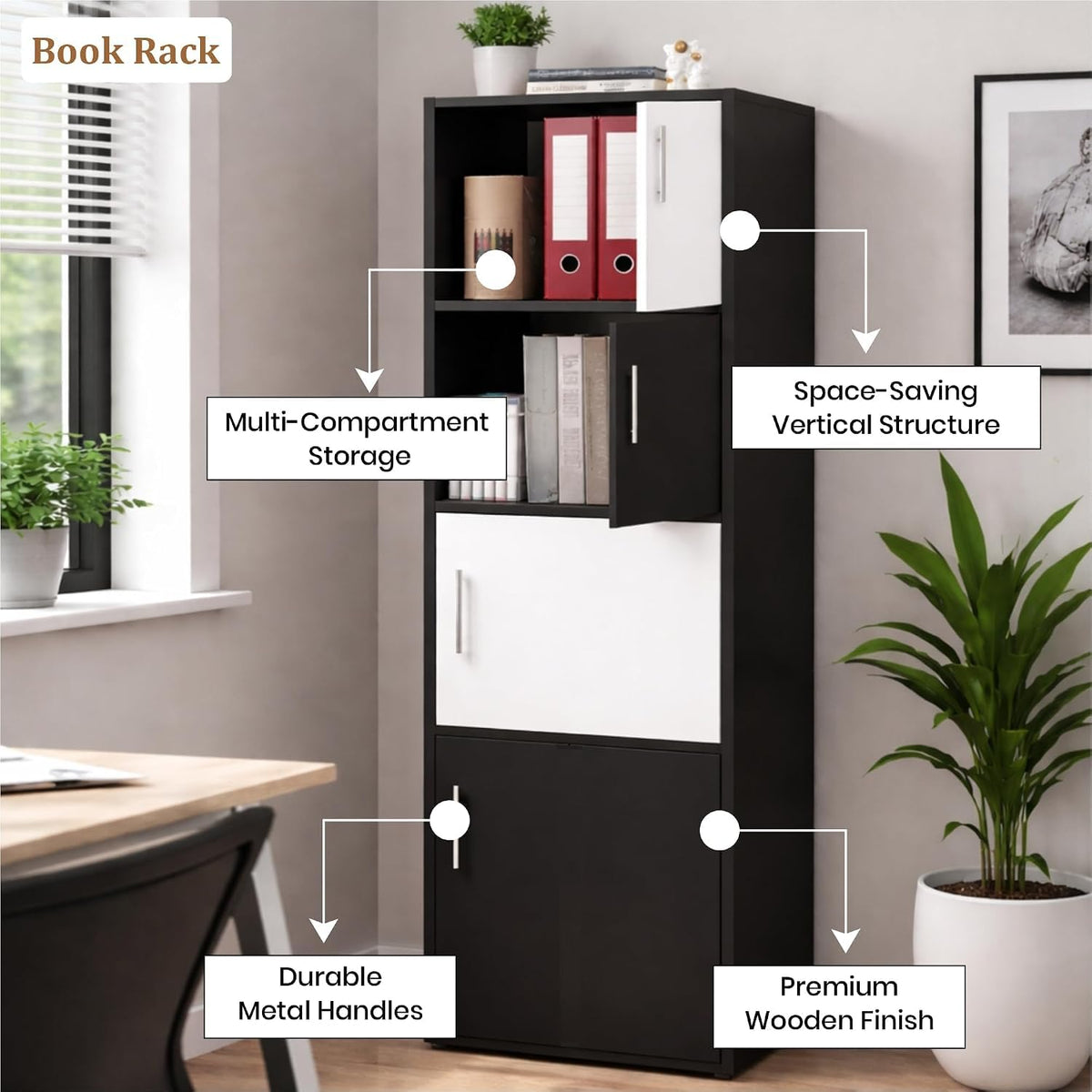 Callas Wooden Book Rack | Multi-Compartment Storage Cabinet | Space-Saving Vertical Bookshelf with Doors | Durable & Sturdy Organizer for Home & Office