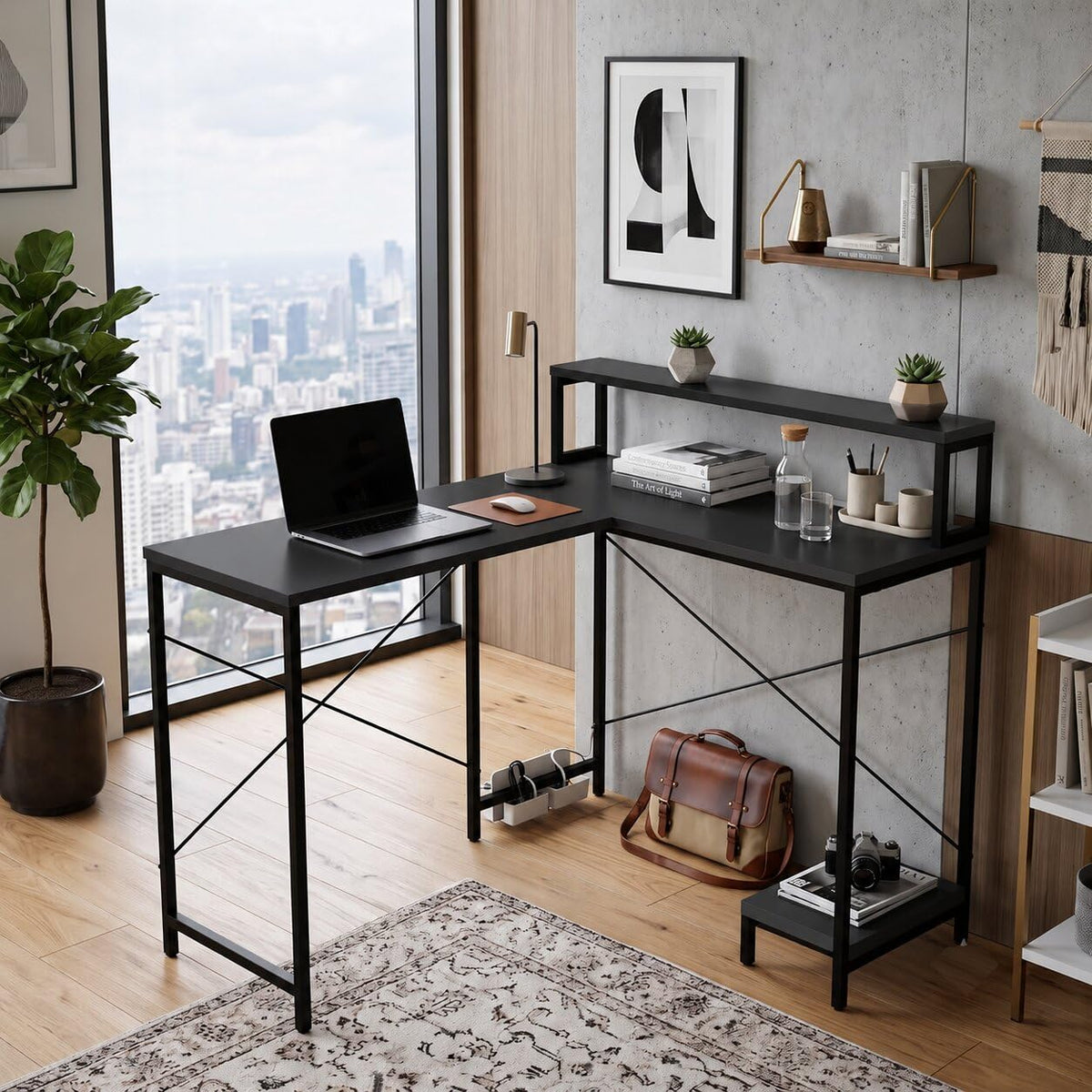 Callas Corvus L-Shaped Study Table with Storage Shelf, Engineered Wood Corner Computer Desk for Home Office with 1 Year Warranty, 110 x 124 x 94.5 - Black