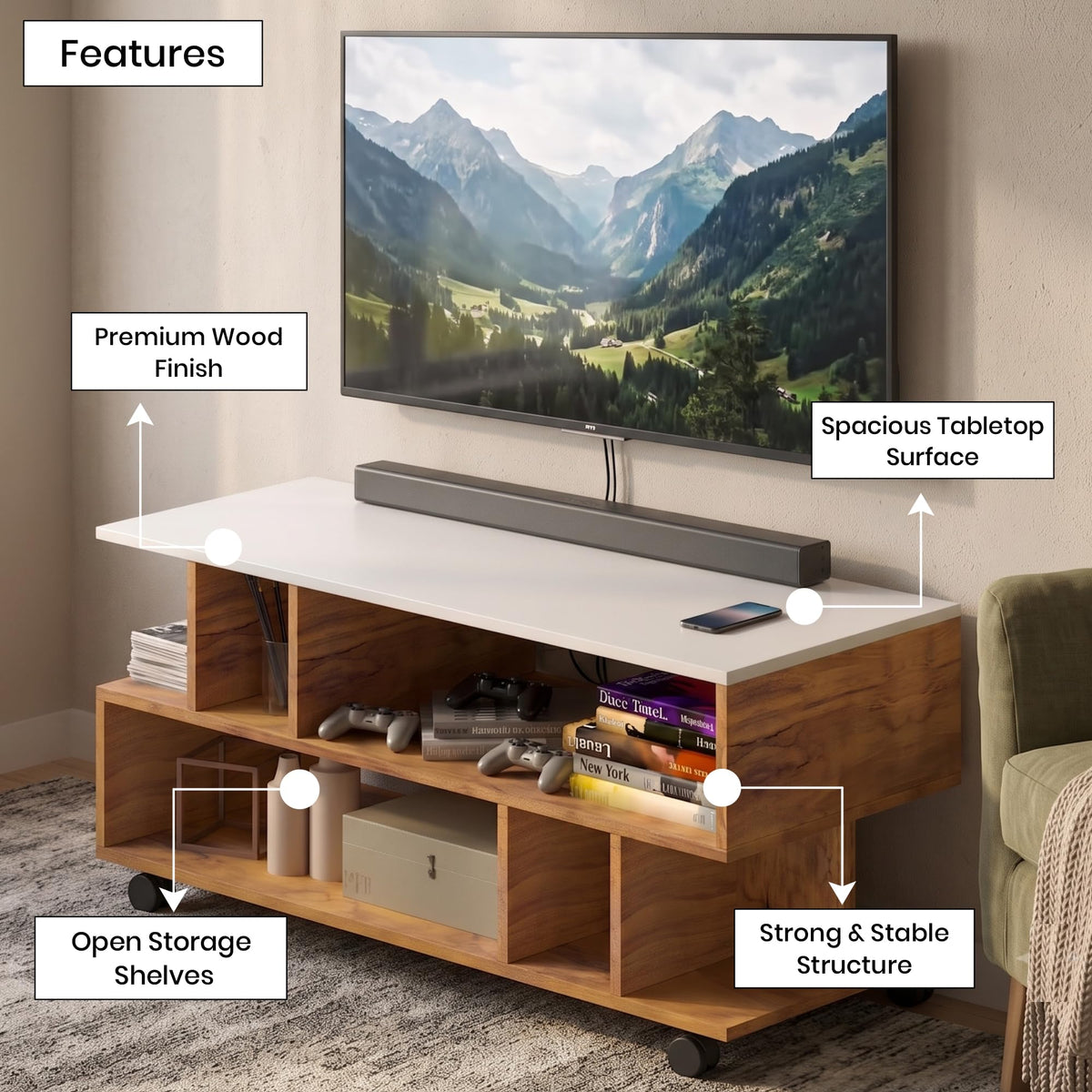 Callas Dune TV Stand with Wheel Open Storage Shelves, Engineered Wood Entertainment Unit for Living Room, White & Walnut, 101 x 40.5 x 41 cm, Model TV-09