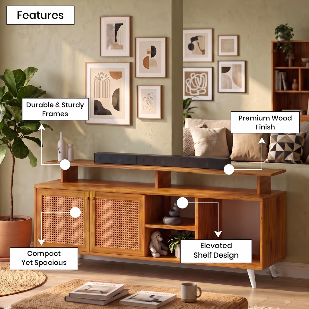 Callas TV Stand Rattan Door - Engineered Wood TV Showcase with Foot Pad Entertainment Console Shelf Storage for Set Top Box, Decor, Books for Living Room TV Unit Walnut