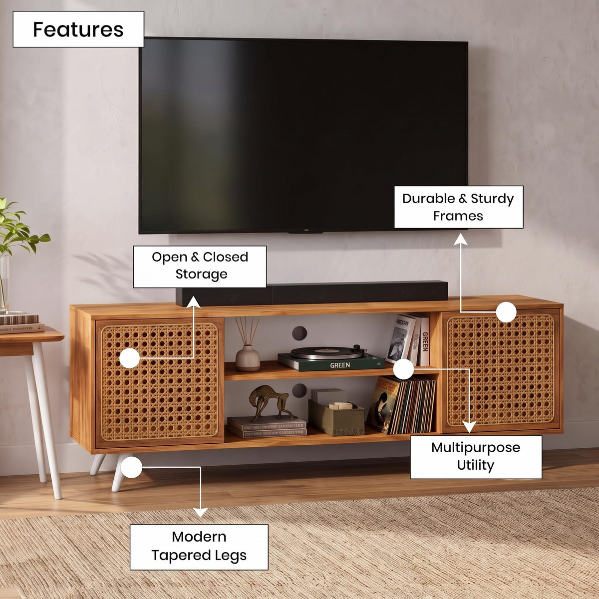 Callas TV Stand Rattan Door - Engineered Wood TV Showcase with Foot Pad Entertainment Console Shelf Storage for Set Top Box, Decor