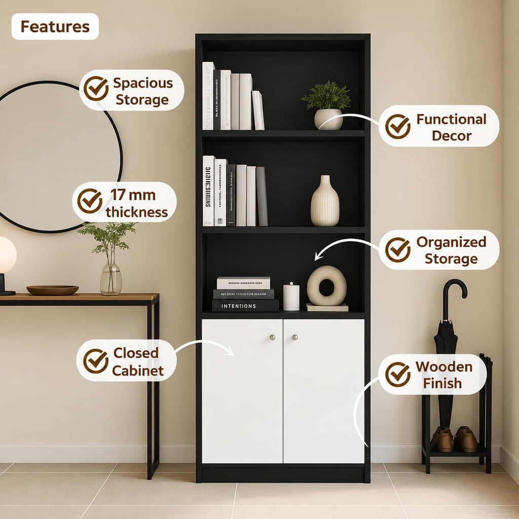 Callas BR-22 Wooden Bookshelf with Display Unit Cabinet | Engineered Wood Bookcase for Living Room, Bedroom, Office | 1 Year Warranty with Free Installation