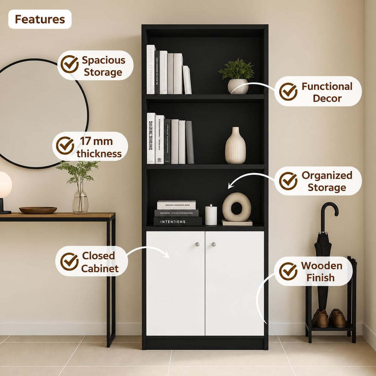 Callas BR-22 Wooden Bookshelf with Display Unit Cabinet | Engineered Wood Bookcase for Living Room, Bedroom, Office | 1 Year Warranty with Free Installation