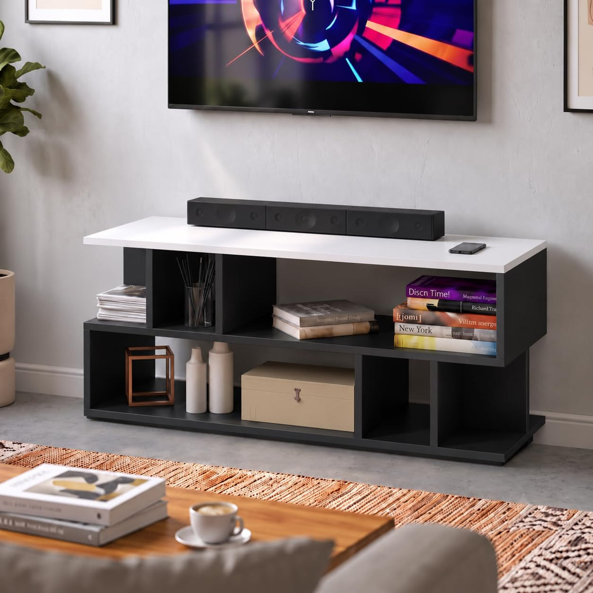 Callas Dune TV Stand with Wheel Open Storage Shelves, Engineered Wood Entertainment Unit for Living Room, White & Black, 101 x 40.5 x 41 cm, Model TV-09