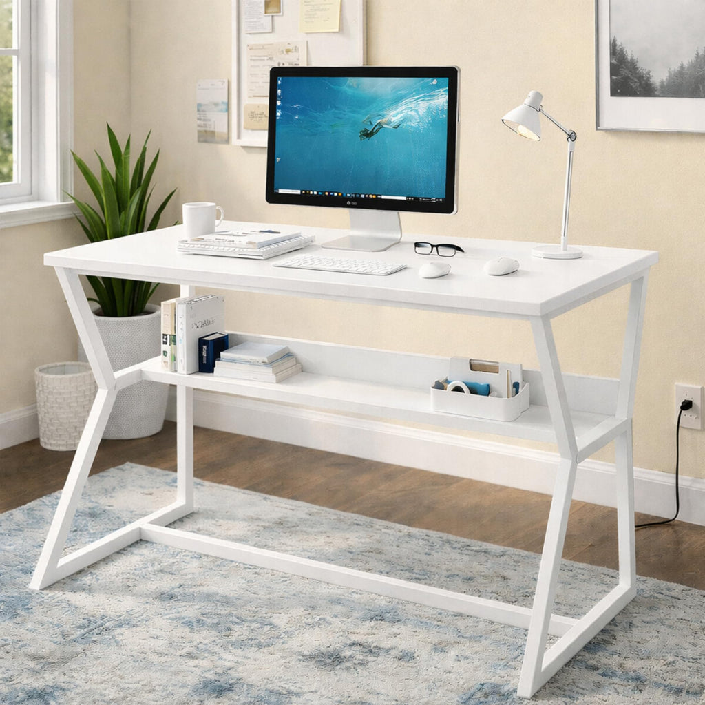 Callas DeskLite ST-31 Engineered Wood Study Table with Open Storage Shelf and Space-Saving Metal Frame for Home Office, Bedroom and Living Room, 120L x 59W x 75H cm - White