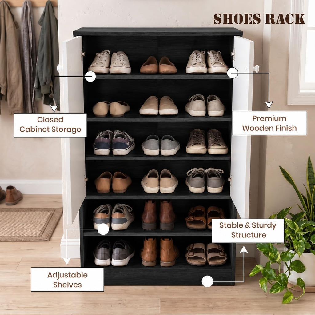 Callas Wooden Shoe Rack Cabinet with 2 Doors, Open Shelves with 18 Pair Space| Walnut Brown and White