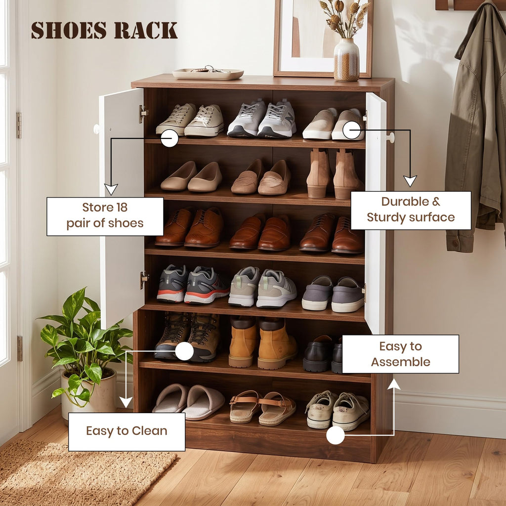 Callas Wooden Shoe Rack Cabinet with 2 Doors, Open Shelves with 18 Pair Space | Walnut Brown and White
