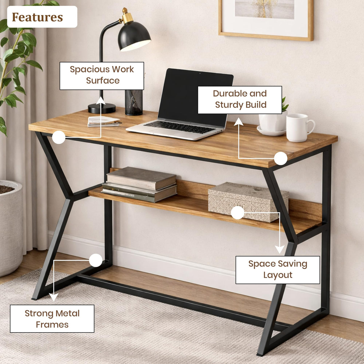 Callas DeskNest ST-30 Engineered Wood Study Table with Open Storage Shelf and Space-Saving Metal Frame for Home Office, Bedroom and Living Room, 120L x 59W x 75H cm - Walnut