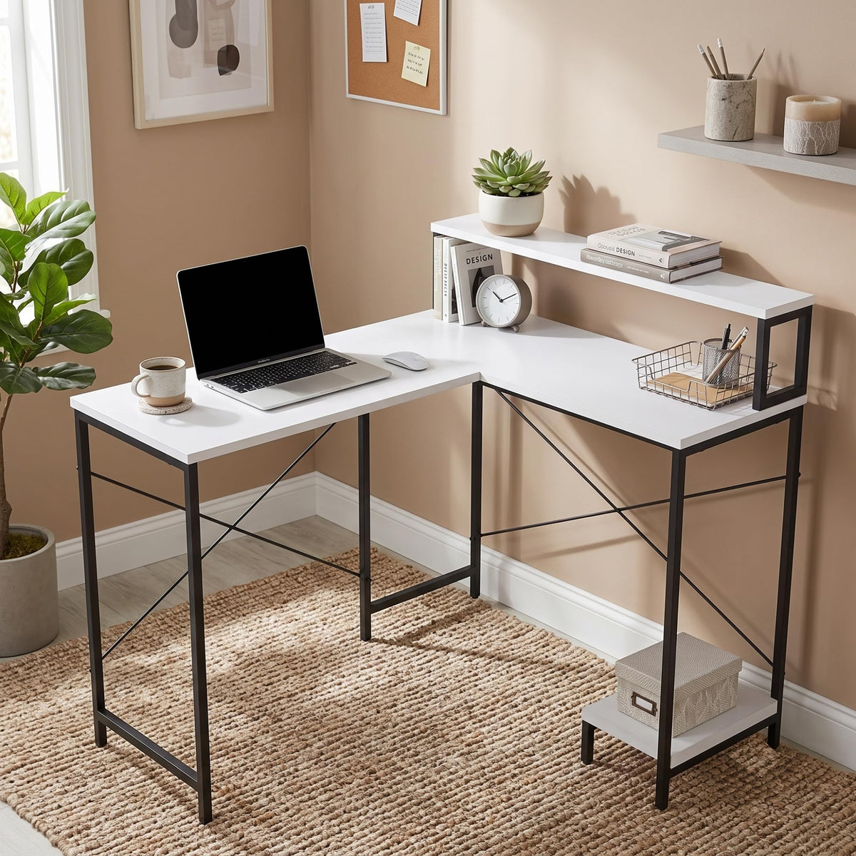Callas Corvus L-Shaped Study Table with Storage Shelf, Engineered Wood Corner Computer Desk for Home Office with 1 Year Warranty, 110 x 124 x 94.5 - White