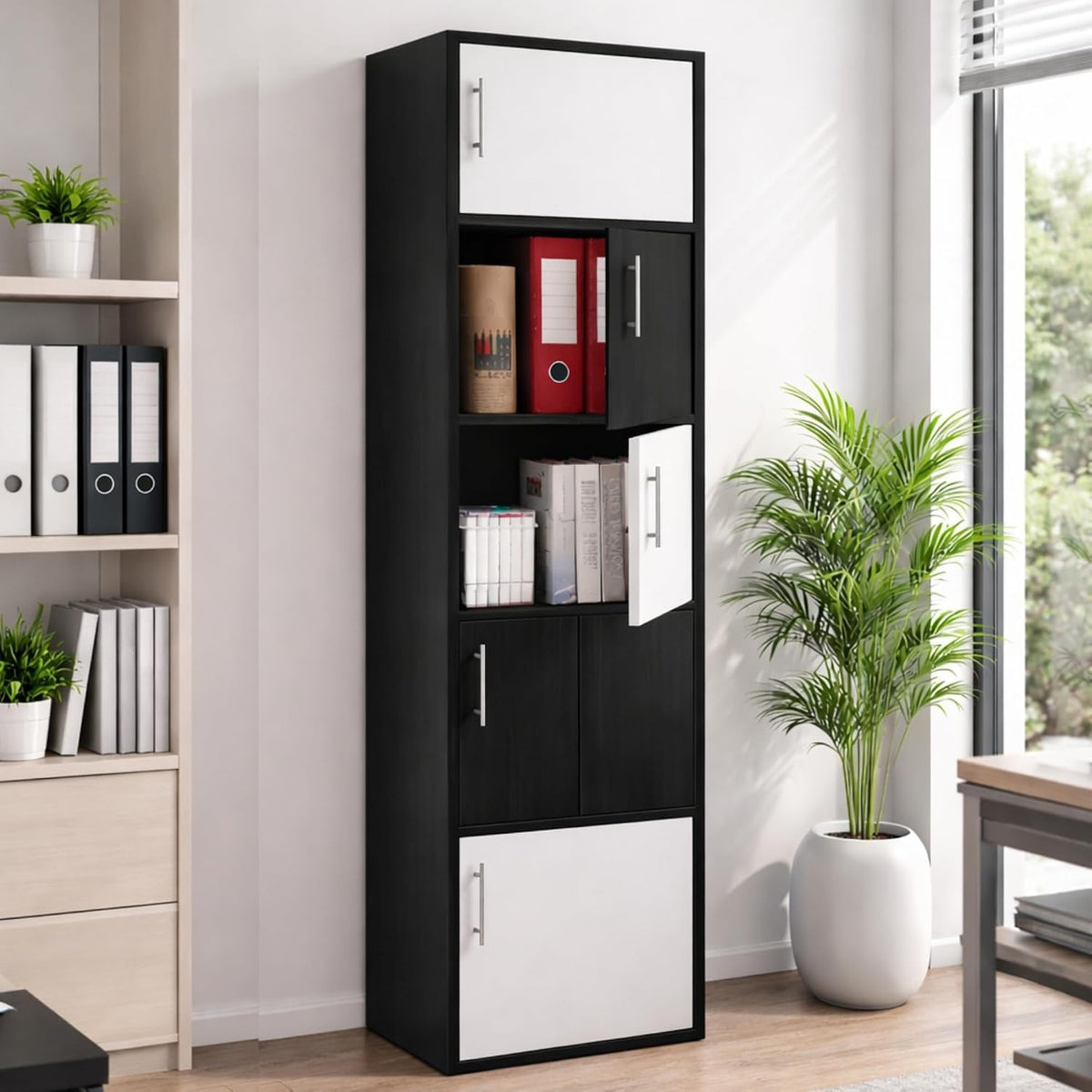 Callas Wooden Book Rack | Multi-Compartment Storage Cabinet | Space-Saving Vertical Bookshelf with Doors | Durable & Sturdy Organizer for Home & Office