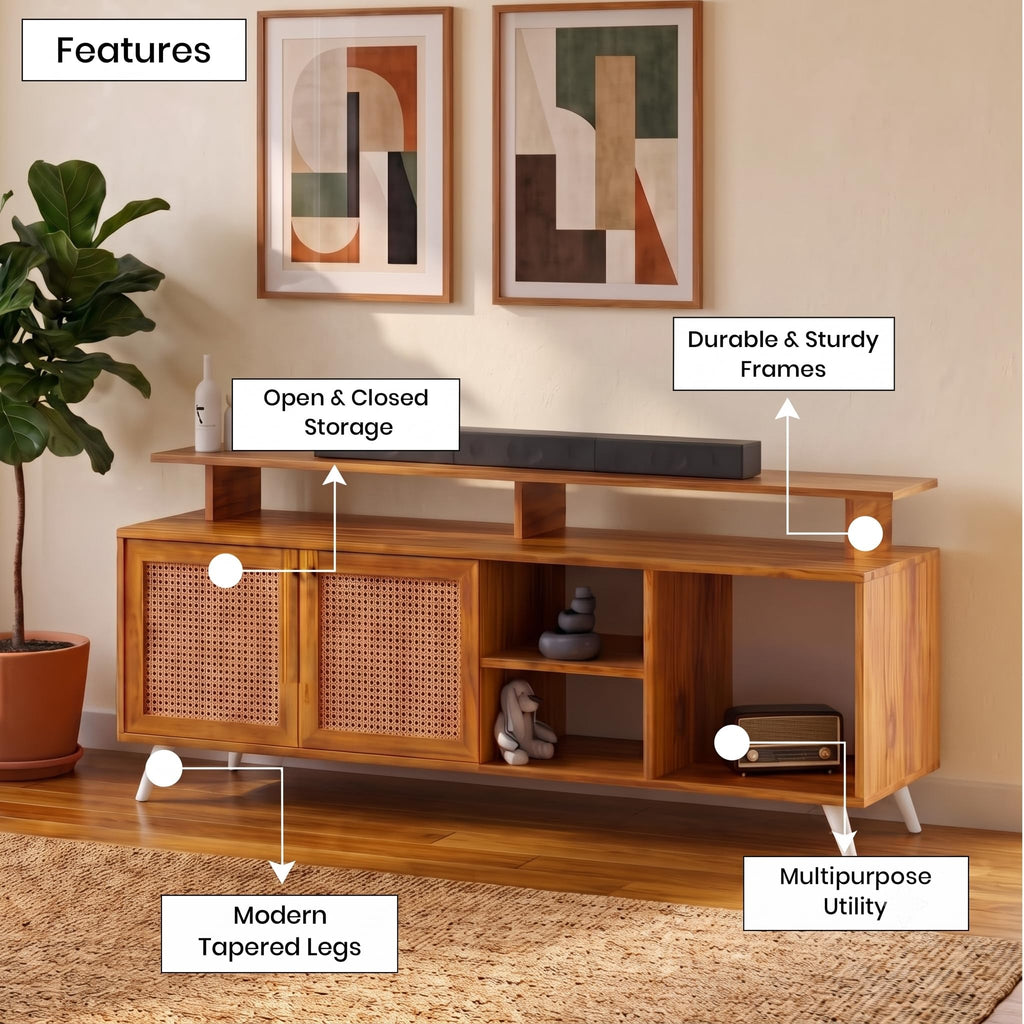 Callas TV Stand Rattan Door - Engineered Wood TV Showcase with Foot Pad Entertainment Console Shelf Storage for Set Top Box, Decor, Books for Living Room TV Unit Walnut