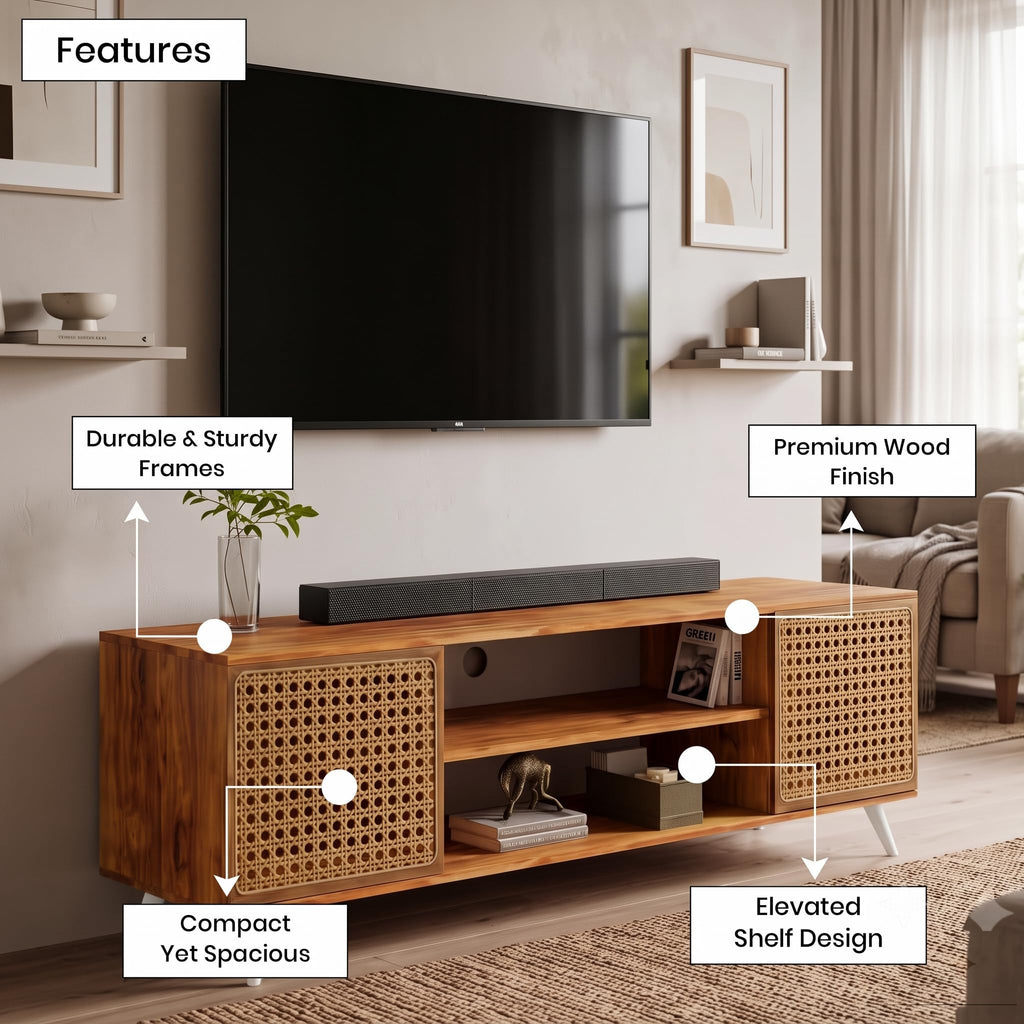 Callas TV Stand Rattan Door - Engineered Wood TV Showcase with Foot Pad Entertainment Console Shelf Storage for Set Top Box, Decor