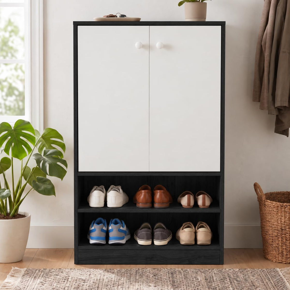Callas Wooden Shoe Rack Cabinet with 2 Doors, Open Shelves with 18 Pair Space| Walnut Brown and White