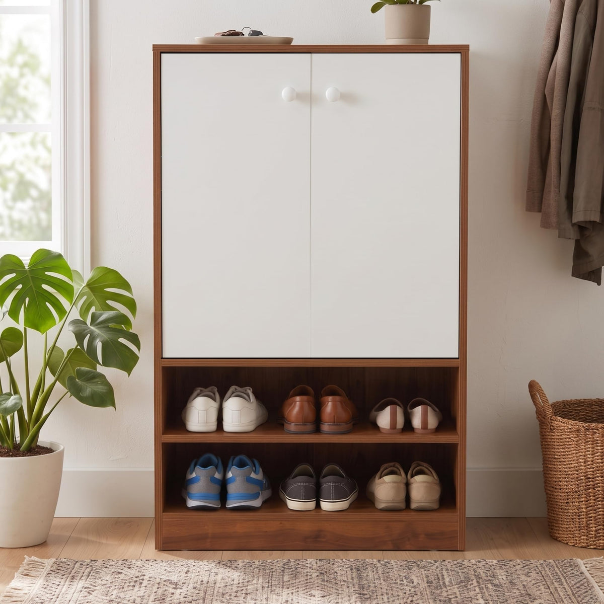 Callas Wooden Shoe Rack Cabinet with 2 Doors, Open Shelves with 18 Pair Space | Walnut Brown and White