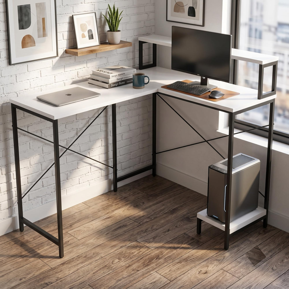 Callas Corvus L-Shaped Study Table with Storage Shelf, Engineered Wood Corner Computer Desk for Home Office with 1 Year Warranty, 110 x 124 x 94.5 - White