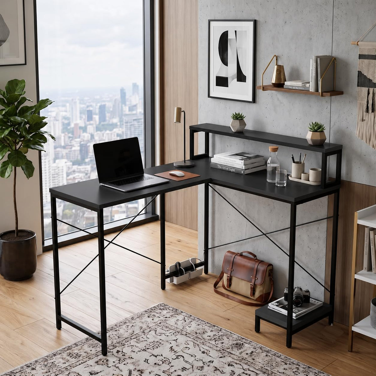 Callas Corvus L-Shaped Study Table with Storage Shelf, Engineered Wood Corner Computer Desk for Home Office with 1 Year Warranty, 110 x 124 x 94.5 - Black