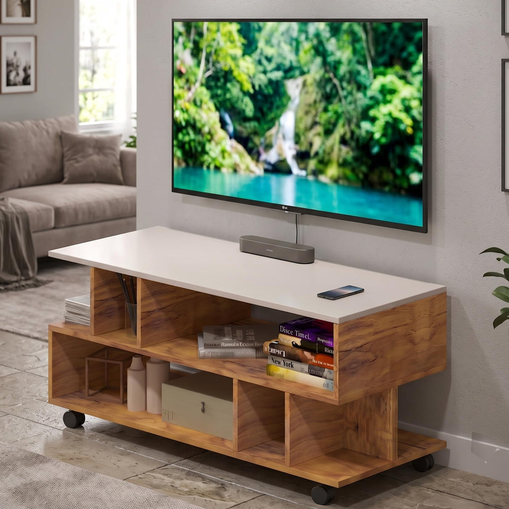 Callas Dune TV Stand with Wheel Open Storage Shelves, Engineered Wood Entertainment Unit for Living Room, White & Walnut, 101 x 40.5 x 41 cm, Model TV-09