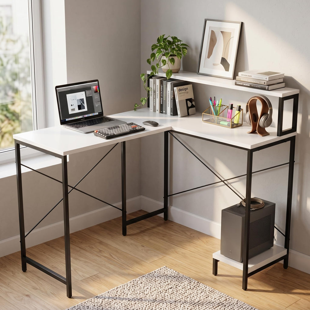 Callas Corvus L-Shaped Study Table with Storage Shelf, Engineered Wood Corner Computer Desk for Home Office with 1 Year Warranty, 110 x 124 x 94.5 - White