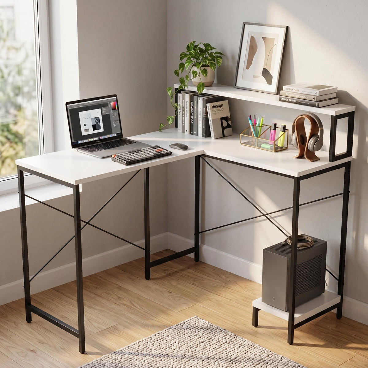 Callas Corvus L-Shaped Study Table with Storage Shelf, Engineered Wood Corner Computer Desk for Home Office with 1 Year Warranty, 110 x 124 x 94.5 - White