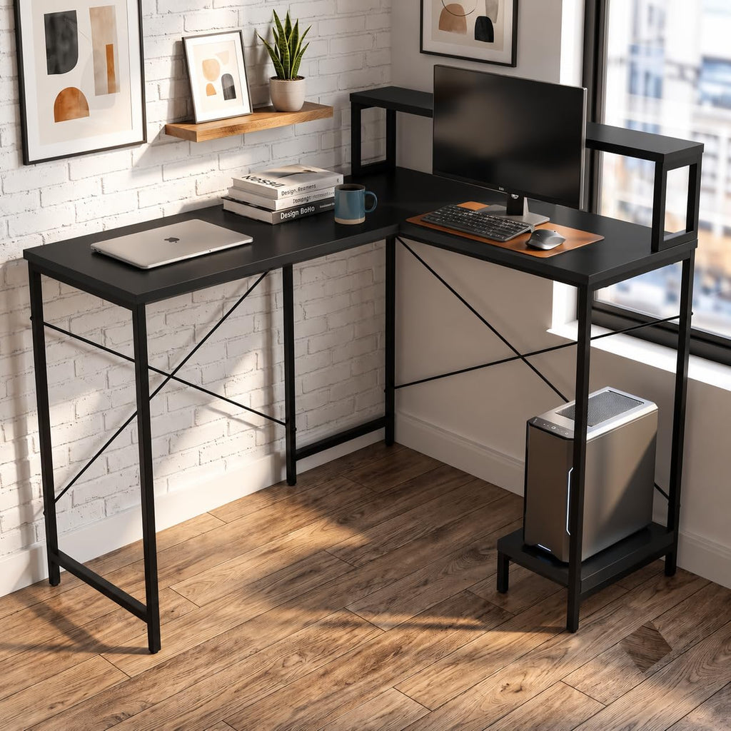 Callas Corvus L-Shaped Study Table with Storage Shelf, Engineered Wood Corner Computer Desk for Home Office with 1 Year Warranty, 110 x 124 x 94.5 - Black