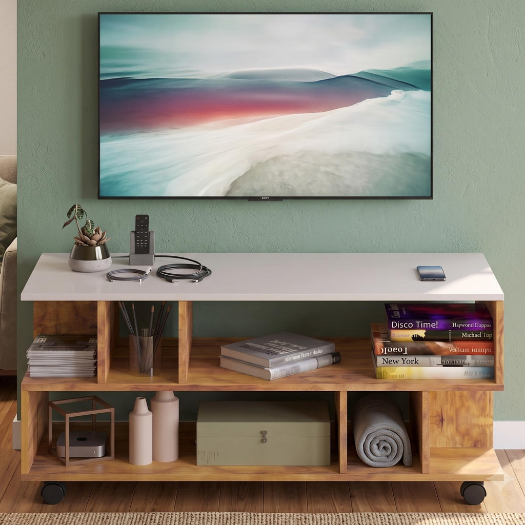 Callas Dune TV Stand with Wheel Open Storage Shelves, Engineered Wood Entertainment Unit for Living Room, White & Walnut, 101 x 40.5 x 41 cm, Model TV-09