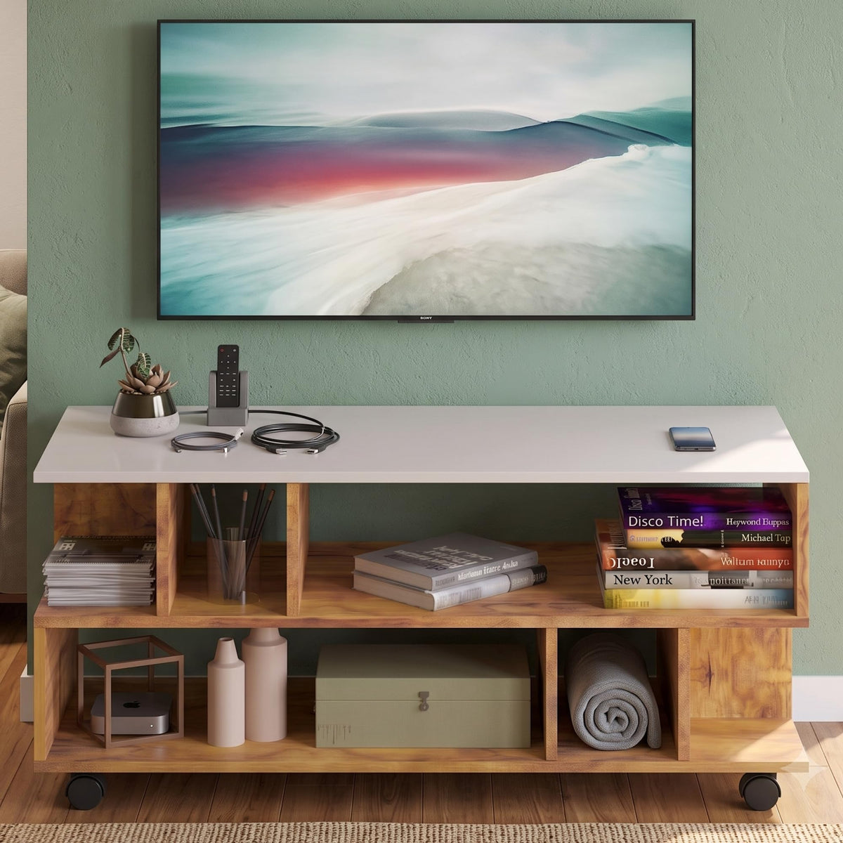 Callas Dune TV Stand with Wheel Open Storage Shelves, Engineered Wood Entertainment Unit for Living Room, White & Walnut, 101 x 40.5 x 41 cm, Model TV-09