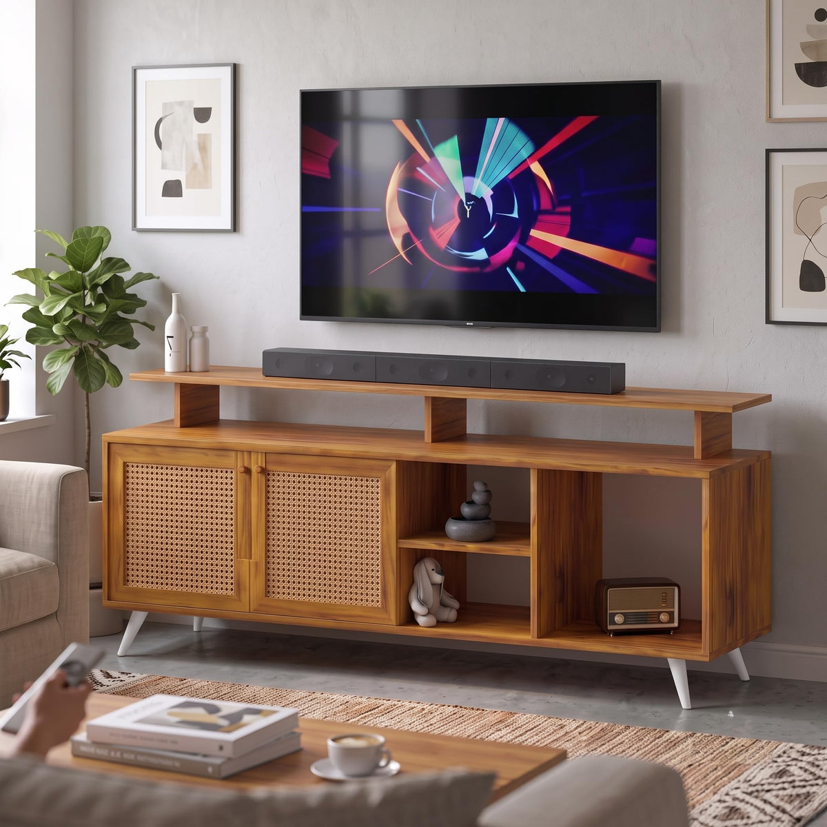 Callas TV Stand Rattan Door - Engineered Wood TV Showcase with Foot Pad Entertainment Console Shelf Storage for Set Top Box, Decor, Books for Living Room TV Unit Walnut