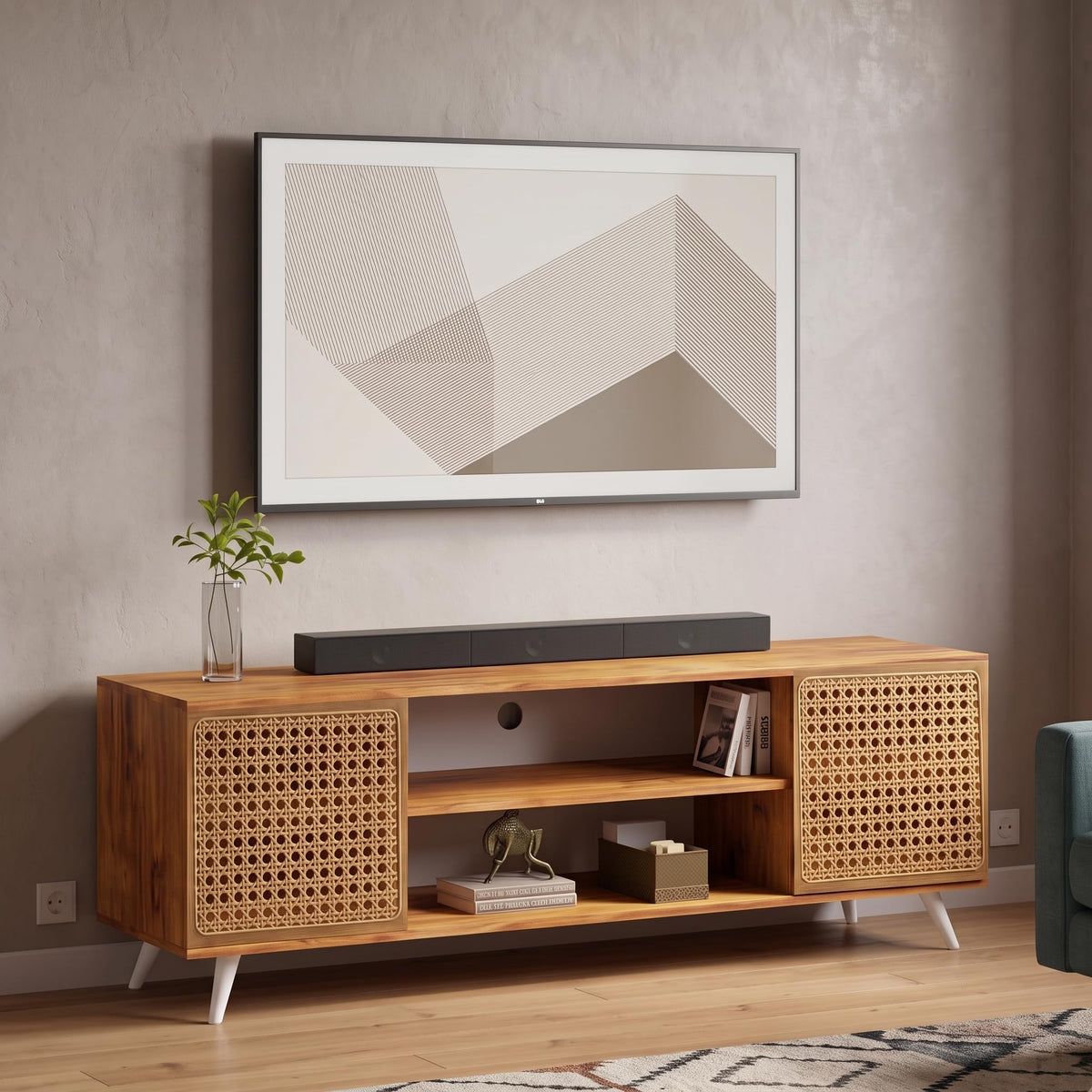 Callas TV Stand Rattan Door - Engineered Wood TV Showcase with Foot Pad Entertainment Console Shelf Storage for Set Top Box, Decor